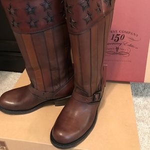 Frye Brown Leather Star-Accent Combat Boots